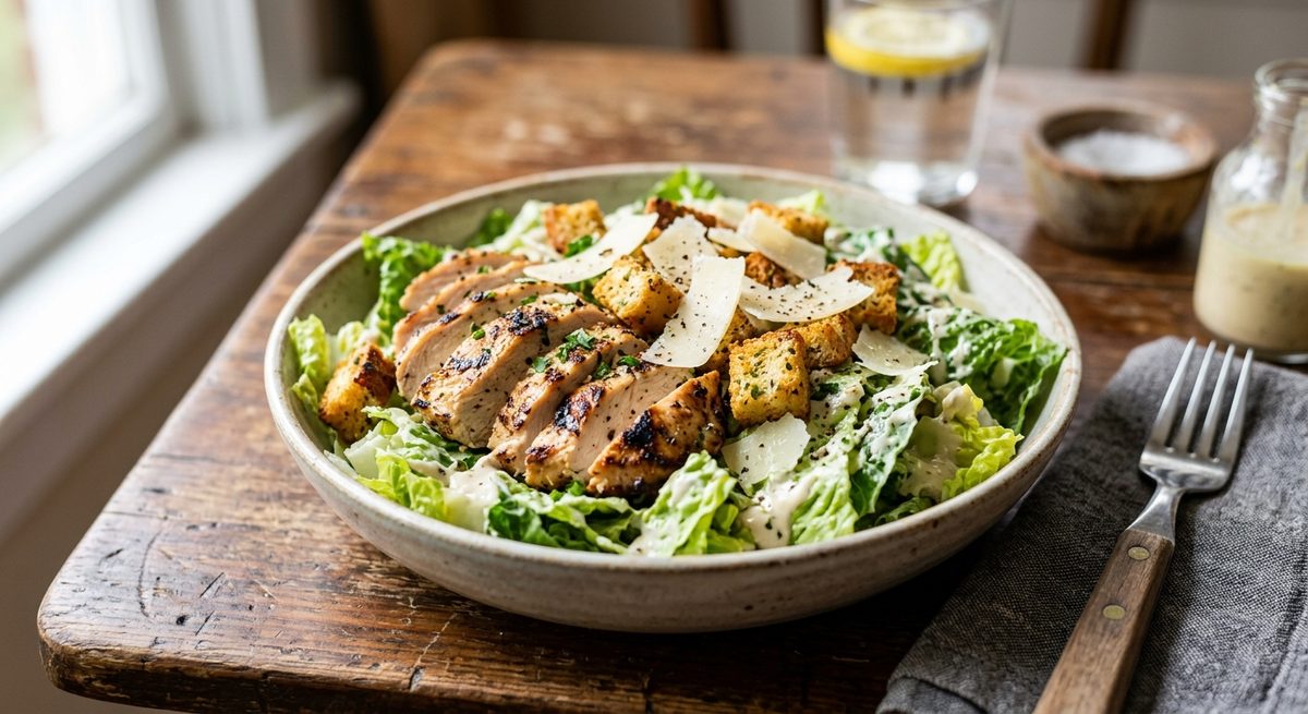 Caesar salata s piletinom, krutonima i parmezanom u zdjeli