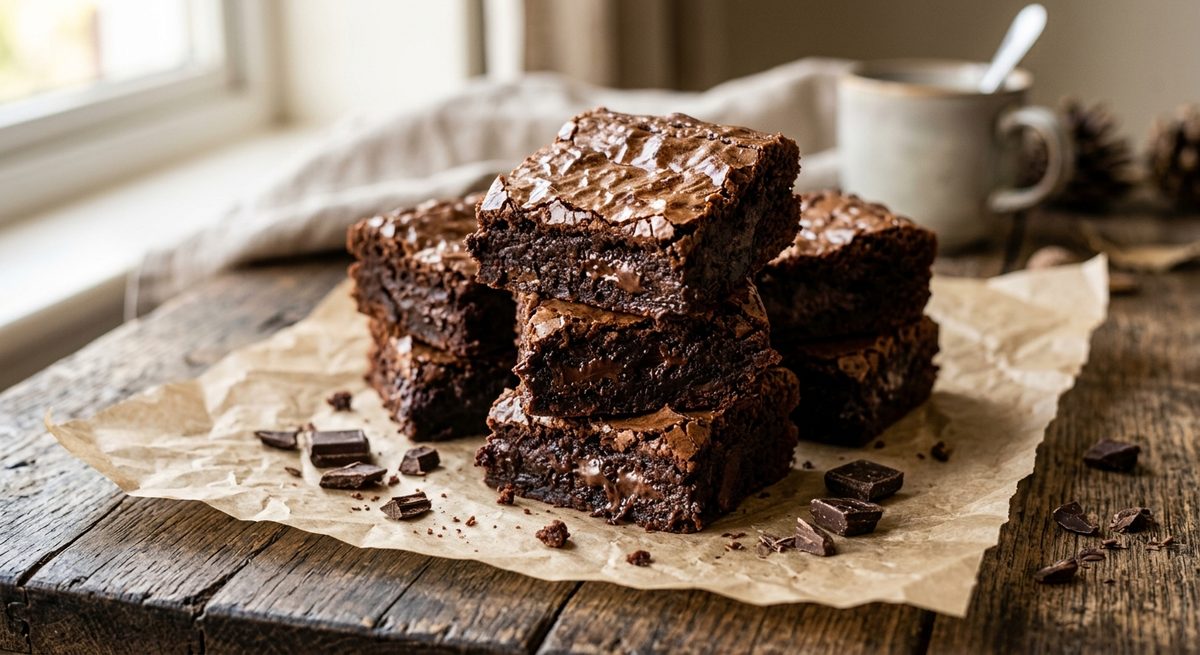 Komadi čokoladnog brownieja s vlažnom sredinom naslagani jedan na drugi