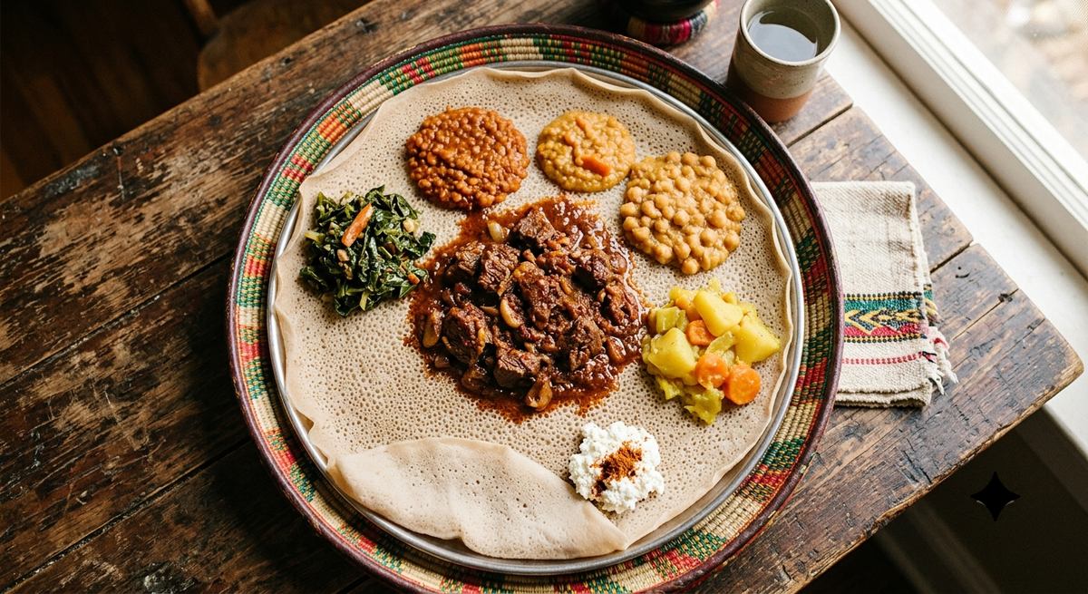 Etiopski injera s raznim curryjem