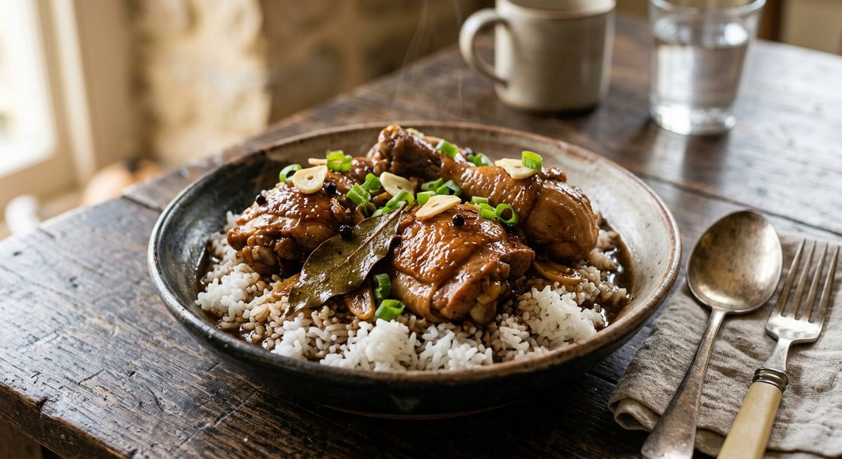 Filipinski chicken adobo poslužen uz bijelu rižu