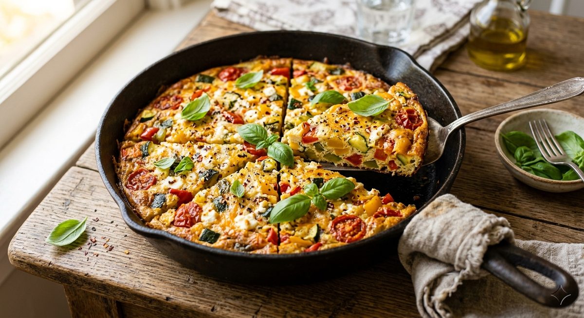 Frittata s povrćem i sirom narezana na komade u tavi