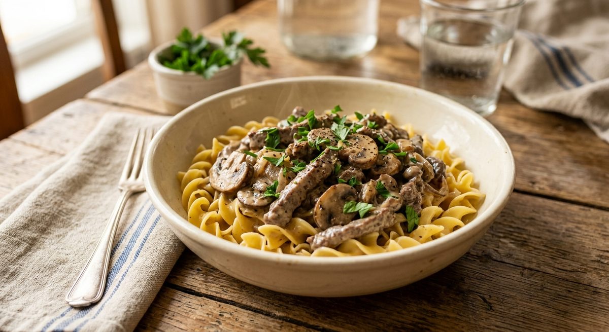 Goveđi stroganoff u kremastom umaku s pečurkama uz rezance