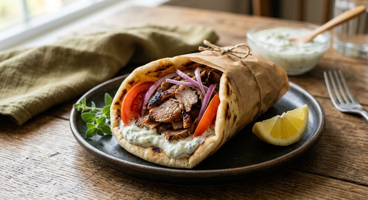 Grčki gyros u pita lepinji s mesom, tzatzikijem i povrćem