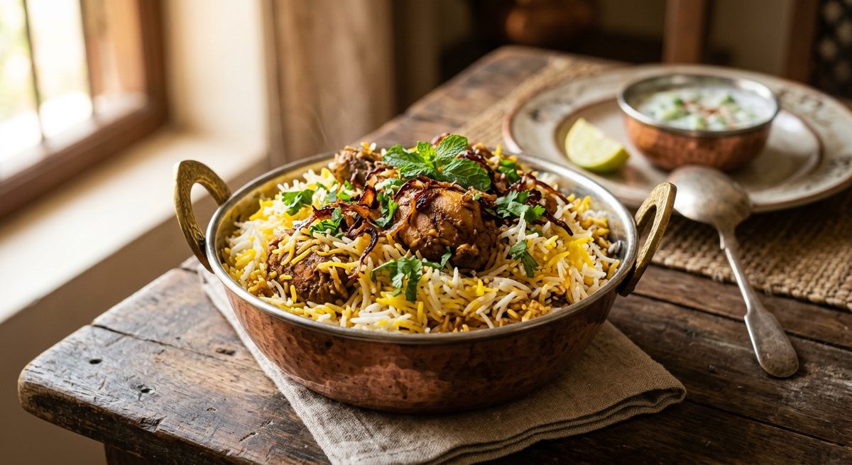 Biryani s piletinom i basmati rižom posut svježim biljem
