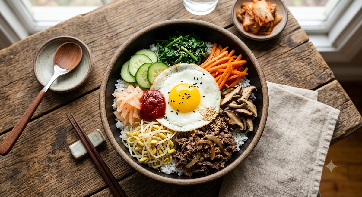 Korejski bibimbap sa povrćem, jajetom i rižom