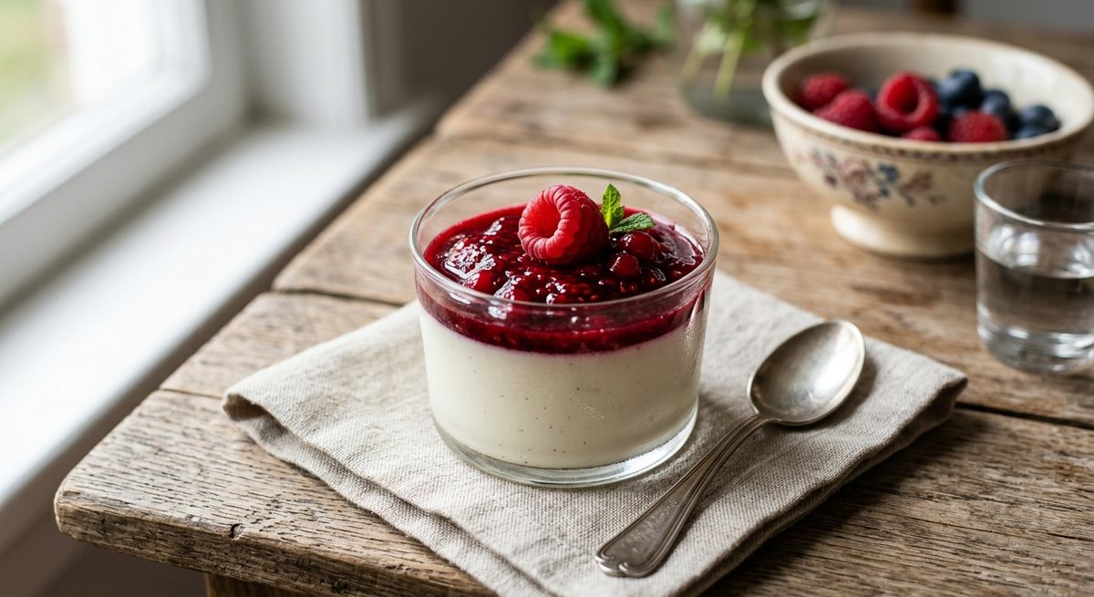 Panna cotta s voćnim prelivom u staklenoj čašici