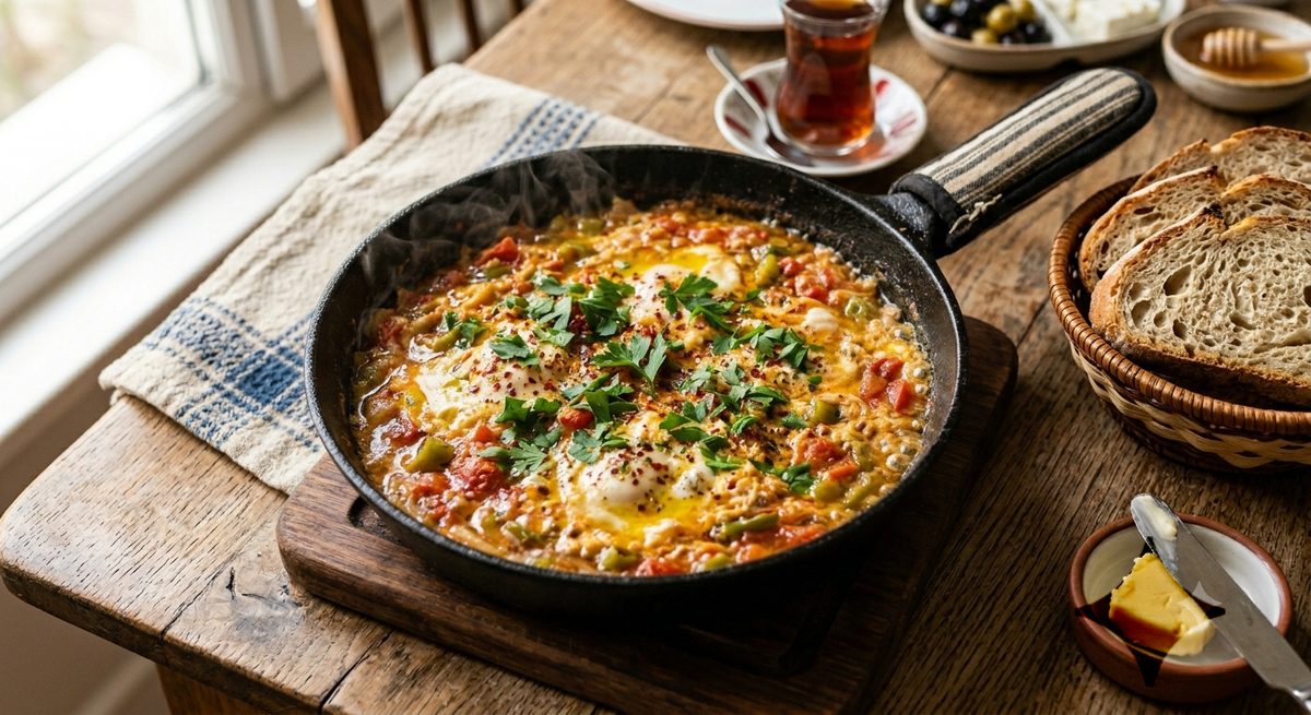 Turski menemen sa jajima, paradajzom i paprikama